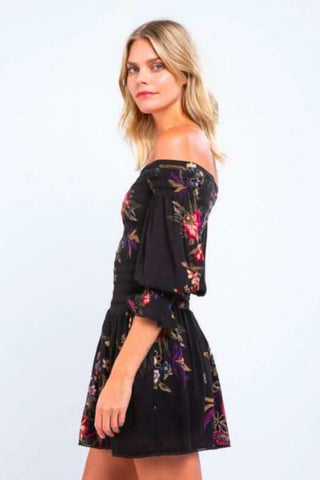 Black off shoulder floral dress side view