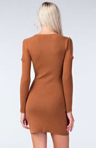 camel ribbed bodycon sweater dress back view