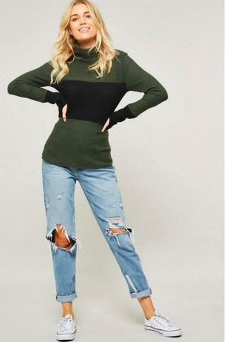 Olive and Black Cloorblock Turtleneck