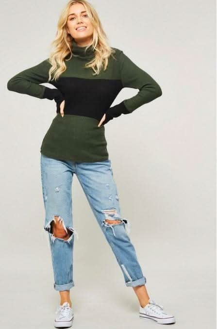 Olive and Black Cloorblock Turtleneck