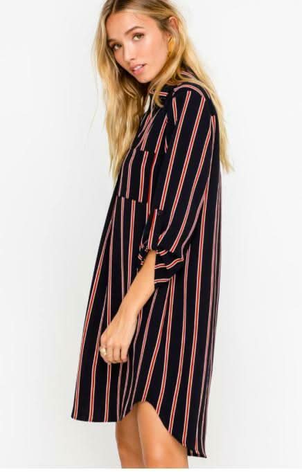 From the City Navy and Rust Striped Shirt Dress -  BohoPink