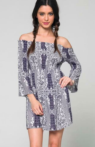 Soma Navy Print Off-The-Shoulder Flared Dress - Boho Style
