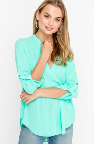 See That Girl Mint Green Roll Tab Sleeve Top - Front View