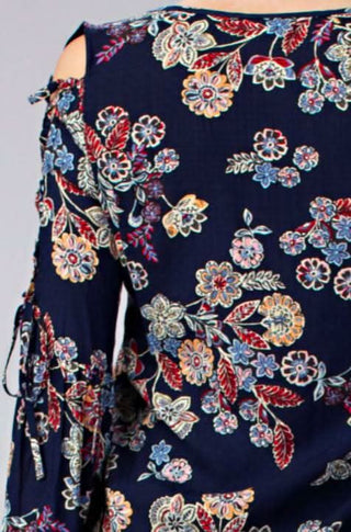 navy floral cold shoulder bell sleeve top side view