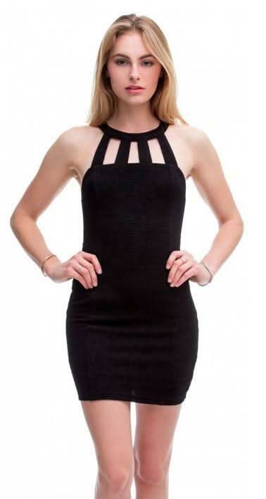 Bohopink French Kiss Black High Neck Strappy Bodycon Dress - Size M - Chic & Sexy Stretch Knit Fabric Bohopink French Kiss Black High Neck Strappy Bodycon Dress - Size M - Chic & Sexy Stretch Knit Fabric