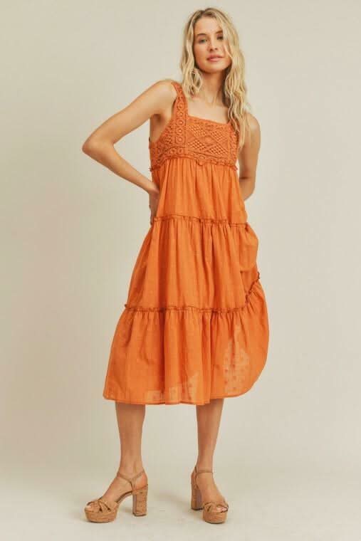 orange crochet midi dress Bali Square Neck Sleeveless Crochet Midi Dress Orange / XS