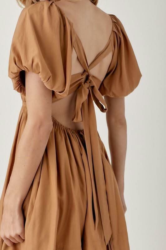 Light Brown Dress - Puff Sleeve Dress - Mini Dress | Boho Pink XS Light Brown Dress - Puff Sleeve Dress - Mini Dress | Boho Pink XS