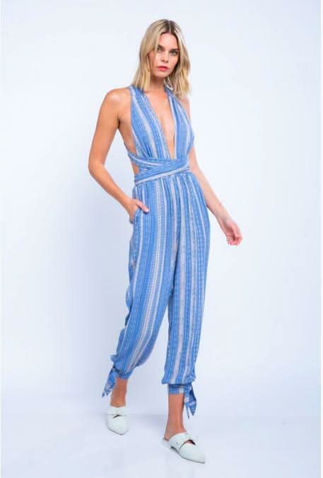 Aphrodite Blue Boho Print Plunge Jumpsuit -  BohoPink