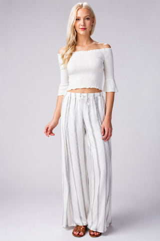 Amelia White Striped Drawstring Pants - Front View