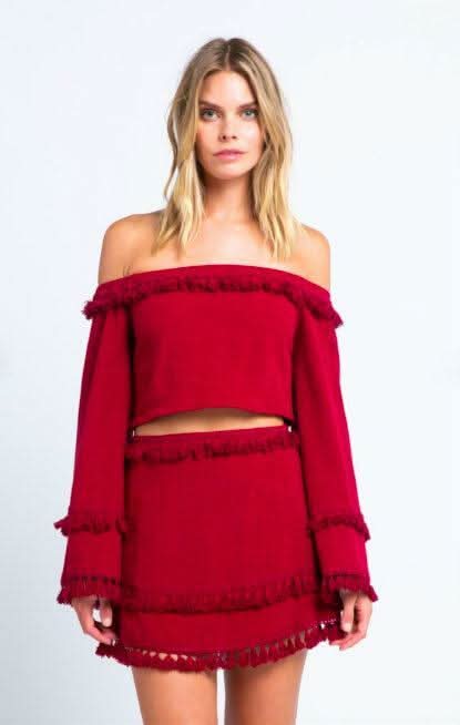  Red Off-Shoulder Bell Sleeve Dress Set
