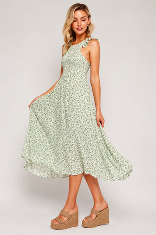 Iris Green Floral Print Smocked Culotte Jumpsuit - Side View