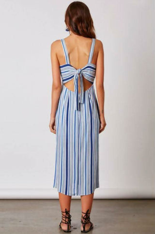 blue striped wide strap midi dress back view
