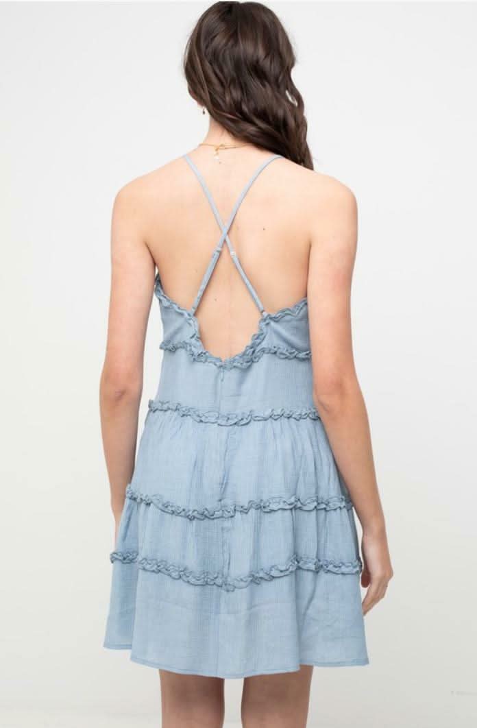 Gina Chambray Blue Ruffle Mini Dress -  BohoPink