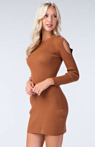 camel ribbed fitted long sleeve mini dress angled front view