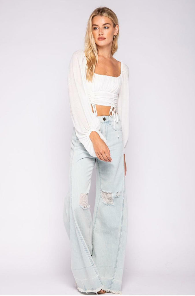 Je T'aime White Bubble Sleeve Crop Top -  BohoPink