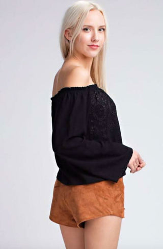 Evia Black Eyelet Off-the-Shoulder Bell Sleeve Top - Side View