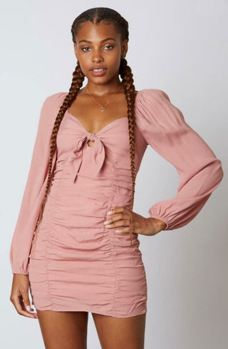 Dusty pink ruched long sleeve mini dress
