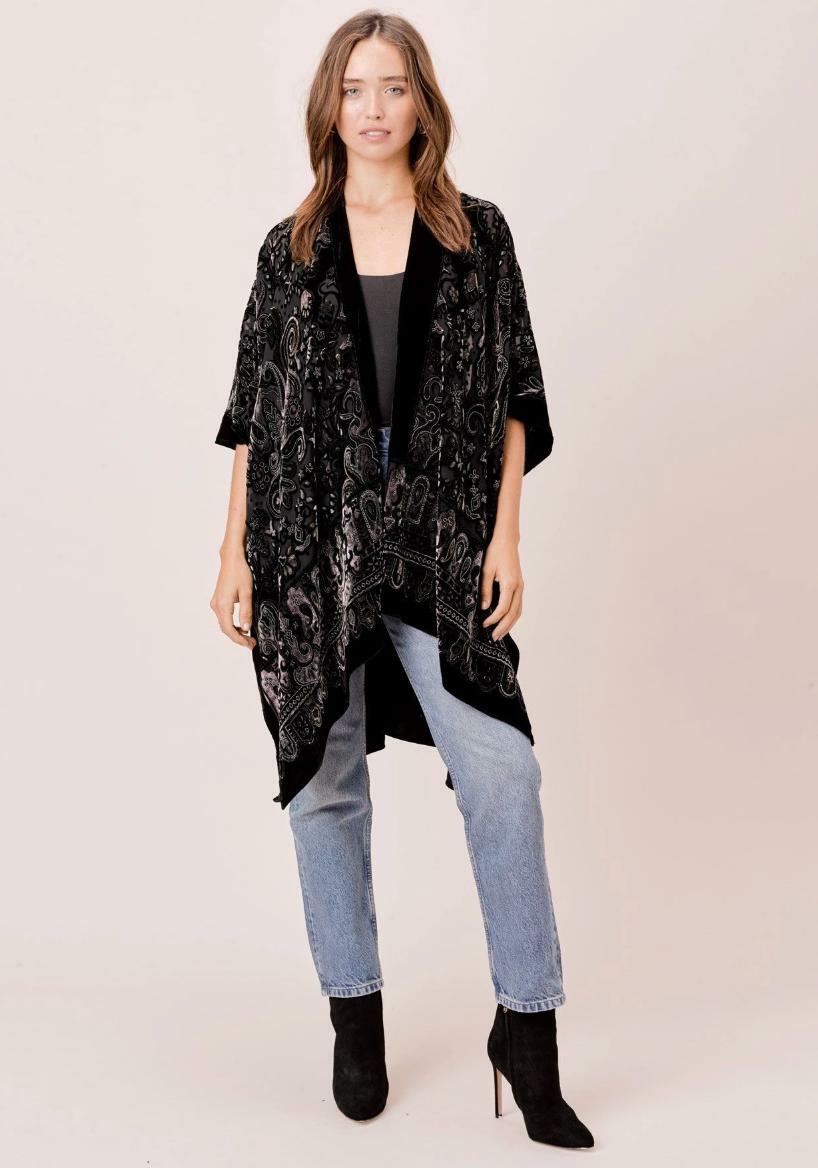 Black Kimono - Paisley Kimono - Burnout Velvet Kimono | Boho Pink