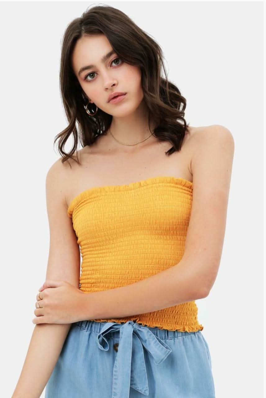 yellow tube top dress Love Tree Kiss The Sun Yellow Smocked Tube Top - Size M - Elasticized Strapless Neckline - Lettuce Ruffle Trim - Rayon/Poly/Spandex