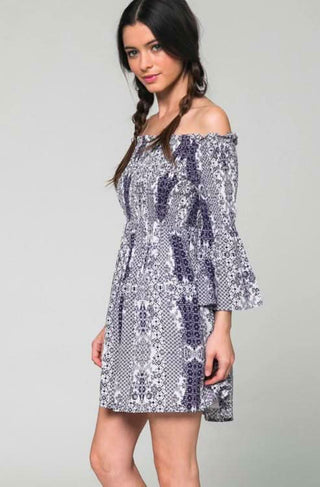 Navy Blue Off-The-Shoulder Flared Dress with Print Details
