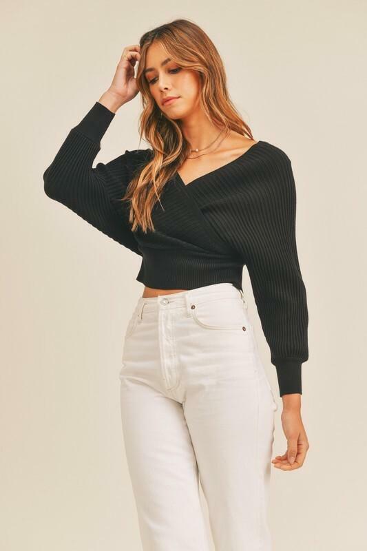 Black Ribbed Surplice Cropped Sweater