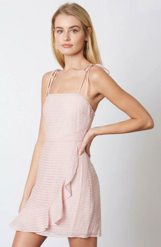 Pink ruffle tie strap mini dress front view