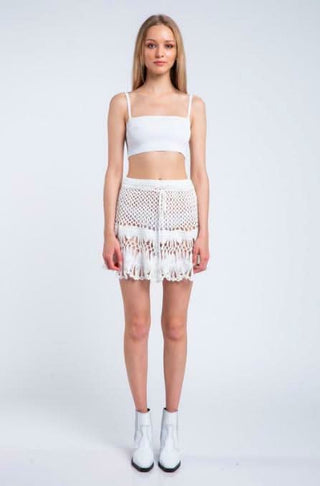 Golden Shores White Crochet Swim Cover-Up Mini Skirt styled with a crop top
