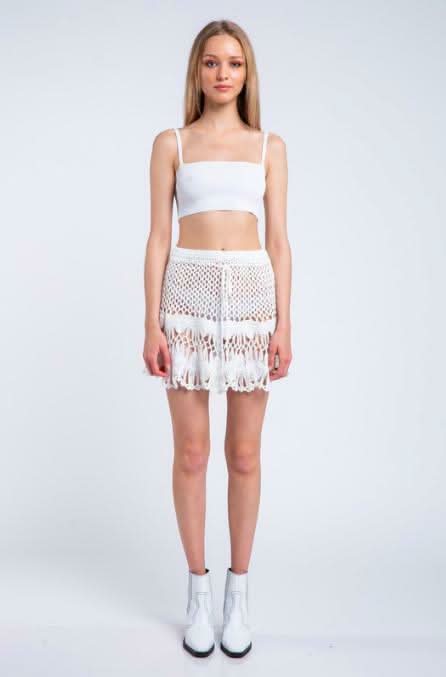 Golden Shores White Crochet Swim Cover-Up Mini Skirt styled with a crop top
