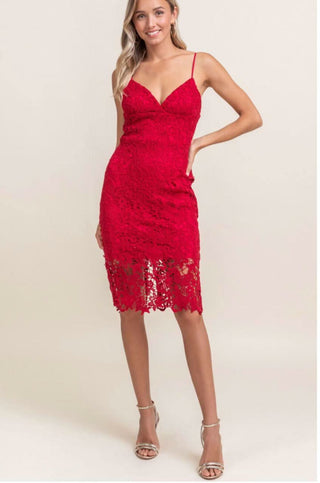 Victoria Red Crochet Lace Midi Dress - Front View