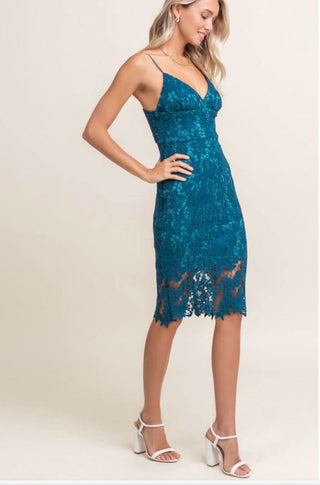 Victoria Teal Blue Crochet Lace Midi Dress - Side View