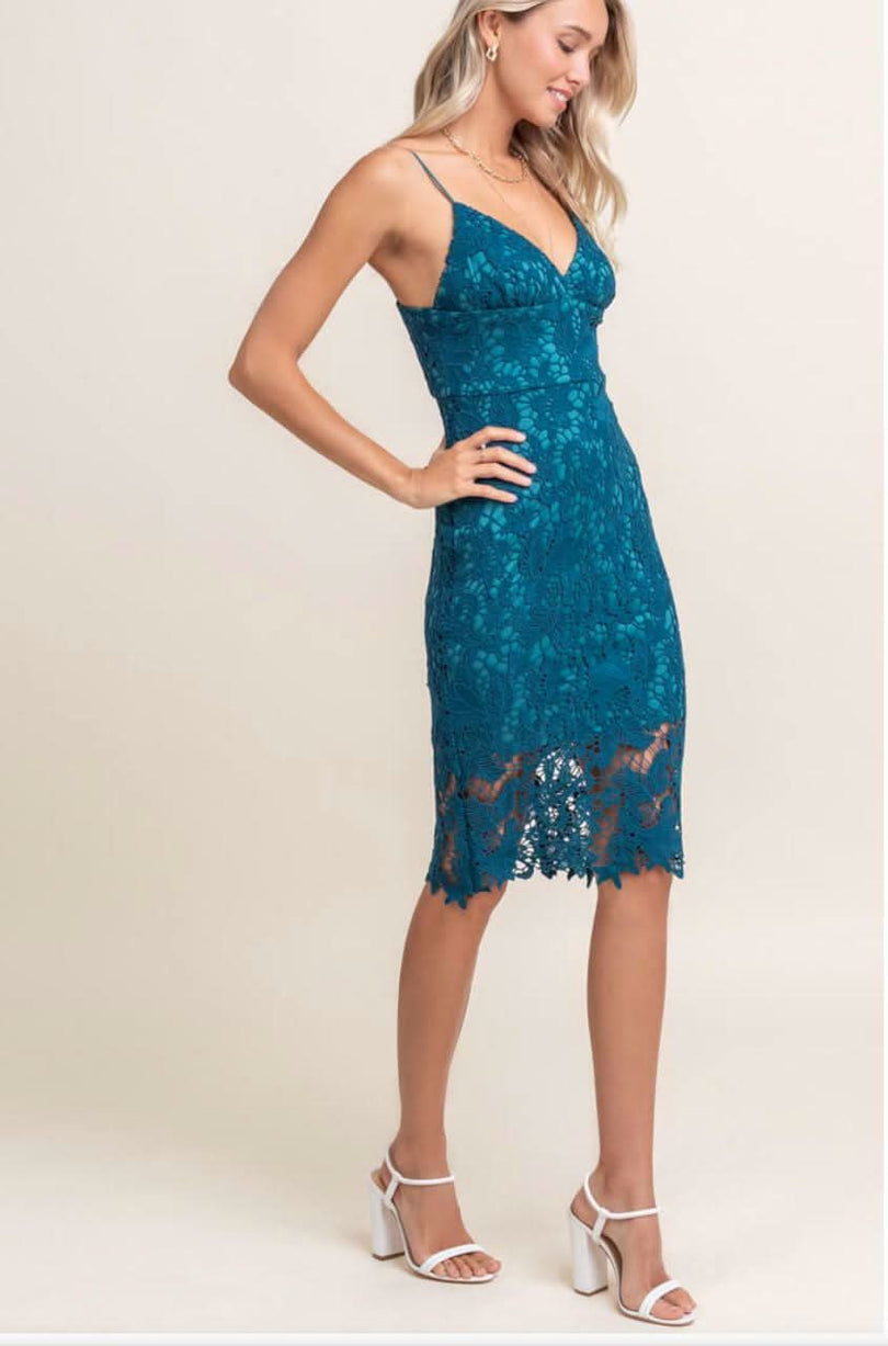 Teal Blue Lace Midi Dress