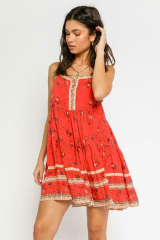Relaxed fit red floral print summer dress with tiered border detail