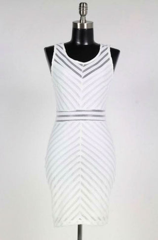 White sleeveless bodycon dress with chevron mesh panels - Front View