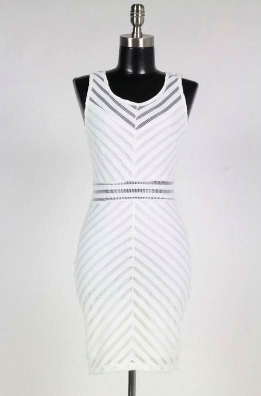 Expectations Mesh White Chevron Striped Dress - Front View