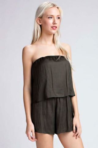 Gaea Olive Green Satin Strapless Romper side angle