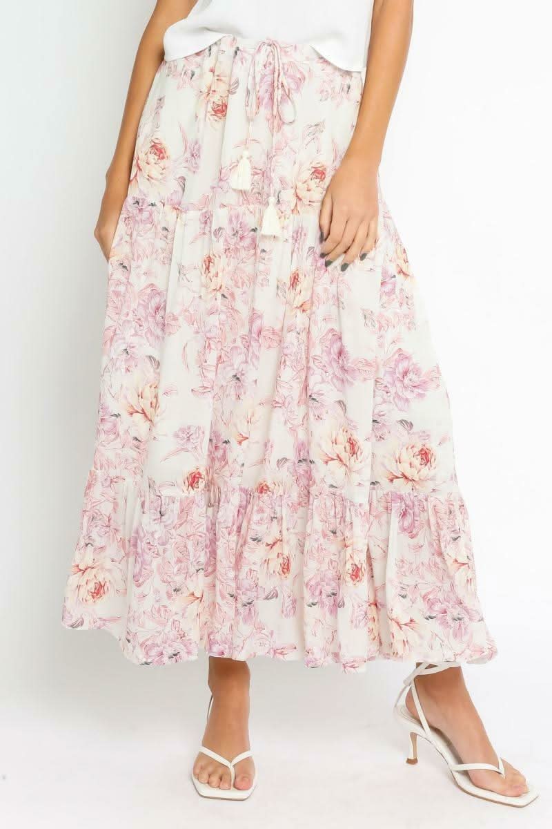 Daphne Ivory Floral Print Ruffle Midi Skirt -  BohoPink