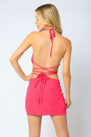 Lucia Fuchsia Strappy Waist Two-Piece Mini Dress Set - Back View