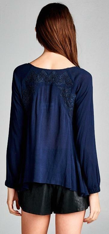 Love Yourself Navy Lace-Up Blouse -  BohoPink