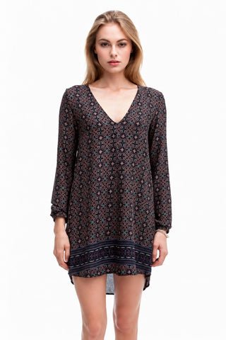 Hampton's Navy and Brown Boho Print Shift Dress - Front View