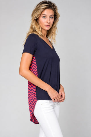 Honey Punch Navy Chevron Print High Low Tee- Front View