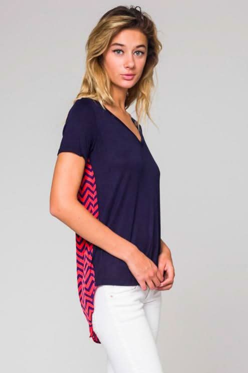 Honey Punch Navy Chevron Print High Low Tee - Front View