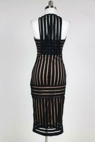 Rules of Intent Sheer Striped Black Body-Con Midi Dress back view on a mannequin