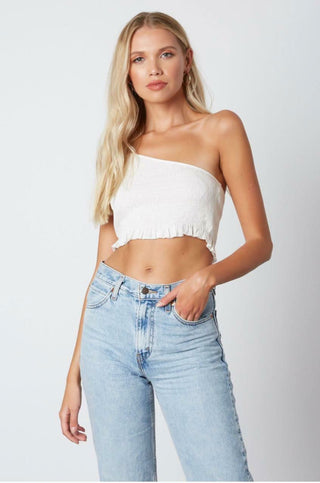 Kayla White Smocked One-Shoulder Crop Top front