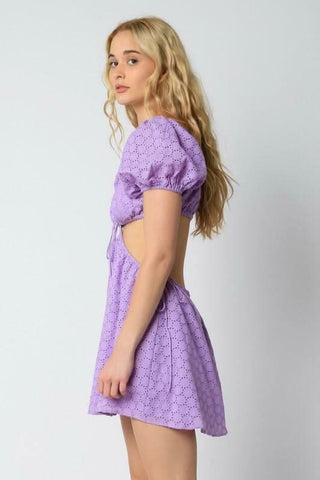 lavender puff sleeve mini dress with cutout - side view