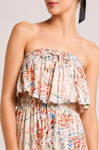 Faye Boho Print Strapless Tiered Midi Dress - Close-Up View