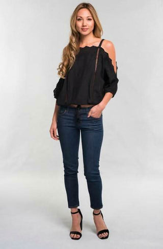 Black eyelet lace top with cold shoulder cutouts - boho chic feminine blouse
