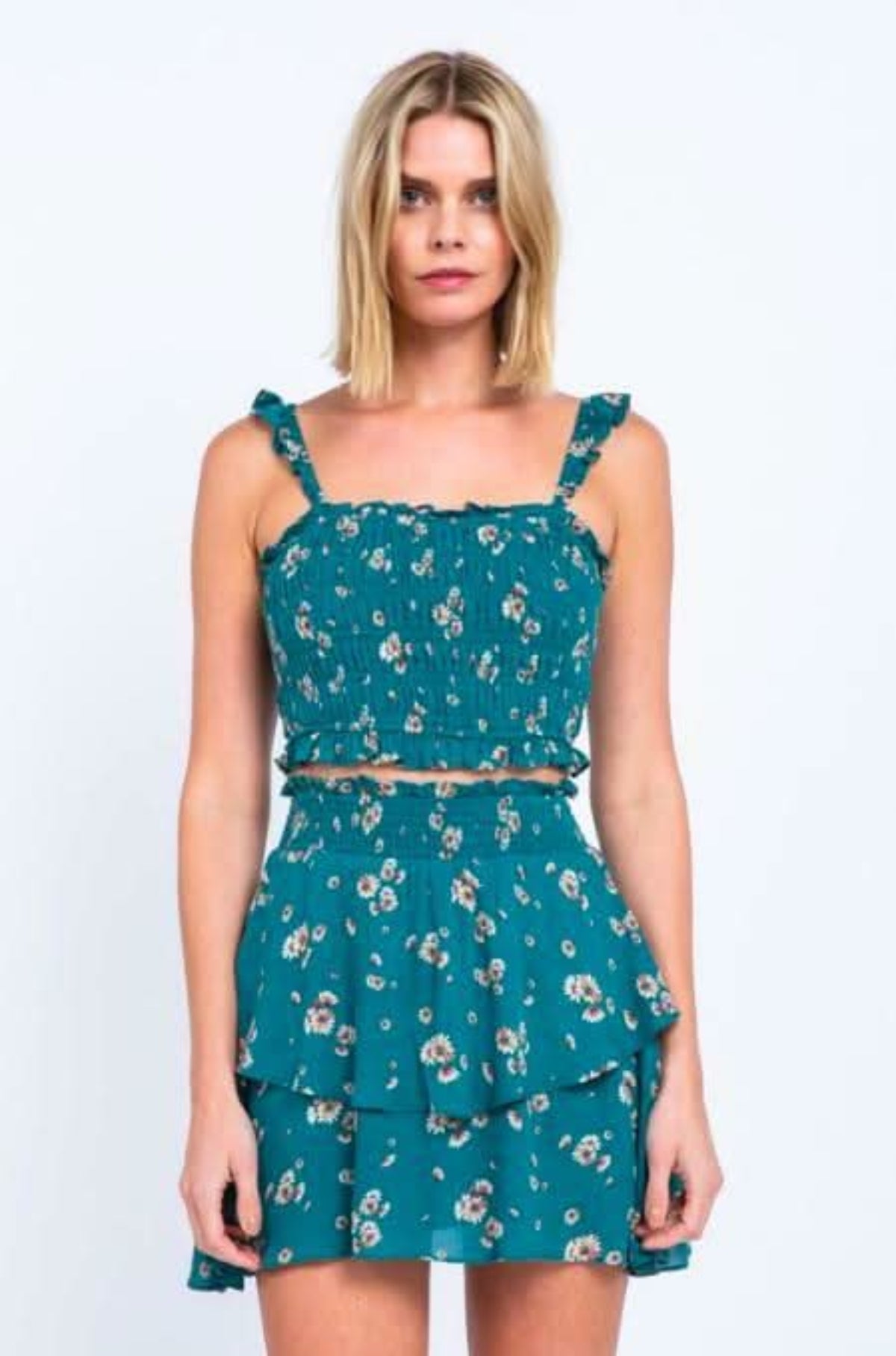 Skylar + Madison Gina Green Floral Print Two-Piece Dress - Size M - Outfit Sets - Final Sale - Smocked Crop Top & Mini Skirt Skylar + Madison Gina Green Floral Print Two-Piece Dress - Size M - Outfit Sets - Final Sale - Smocked Crop Top & Mini Skirt
