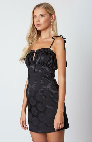 Black floral satin mini dress side view