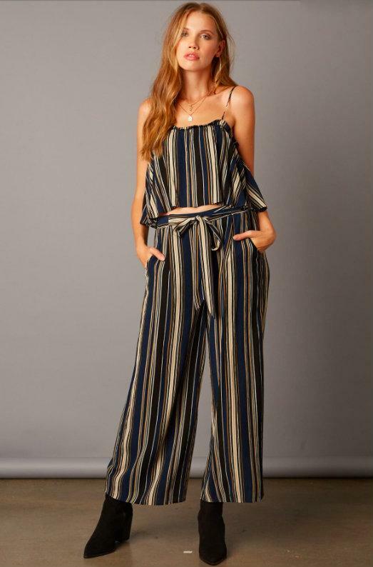 Navy Striped Flounce Top Two-Piece Jumpsuit 