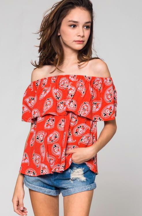 Red Floral Paisley Off-the-Shoulder Floral Top